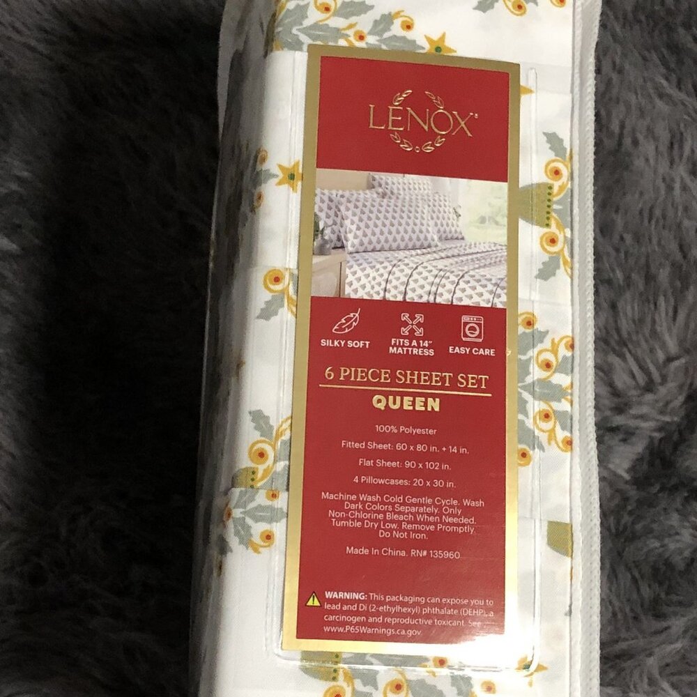 Lenox Queen 6-Piece Sheet Set Holiday Christmas Tree Pattern 4 Pillowcases New - Picture 2 of 4